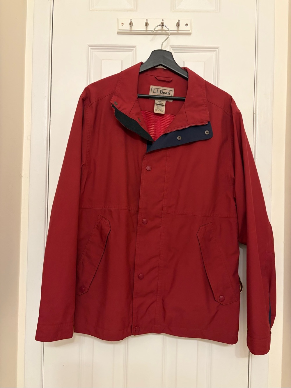 Vintage L.L. Bean Men's Red Raincoat with Navy Trim